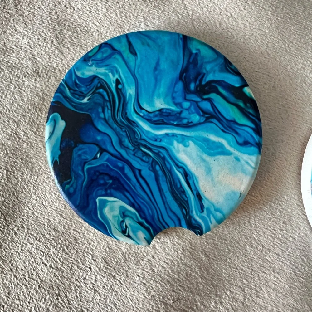 Set of 2 Blue Marble Car Cup Holder Coasters Absorbent Stone w/ Cork Back